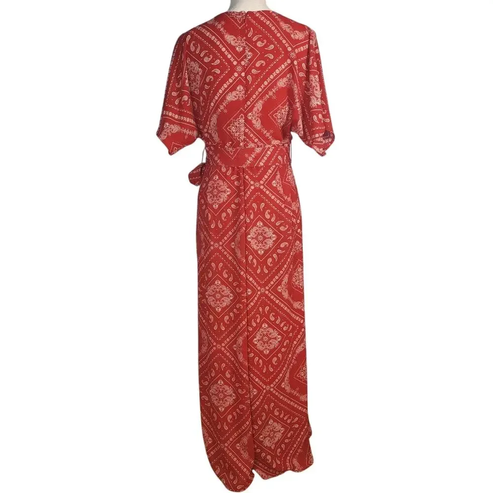 Forever 21 Red bandana maxi wrap dress with small side slit SZ L - Picture 3 of 4